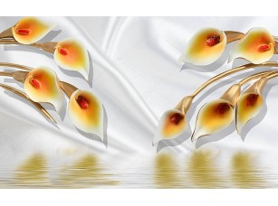 Фотообои «3d иллюстрация, белый фон ткани, желто-оранжевые большие цветы калла, отражение в воде»