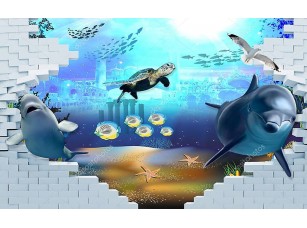 Фотообои «Кирпичная стена, морские животные - дельфины, рыбы, птицы»