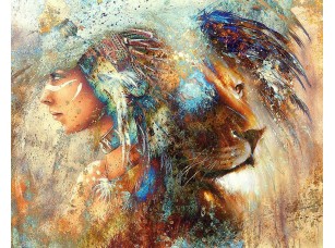Фотообои «Индийская женщина в головном уборе из перьев  со львом»