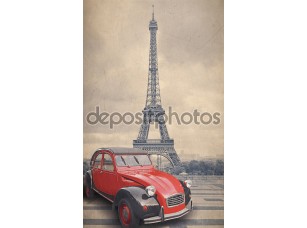 Фотообои «Эйфелева башня и красный автомобиль с стиле ретро Винтаж эффект фильтра.»
