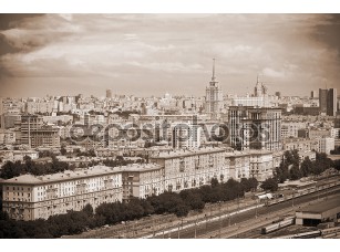 Фотообои «Москва - городской пейзаж, историческая часть города, железная дорога, на переднем плане. Фото в сепии тонированные»