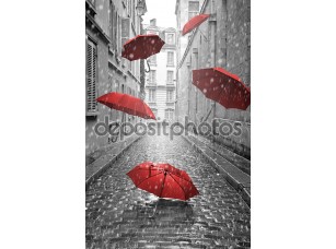 Фотообои «Red umbrellas flying on the street. Conceptual image»