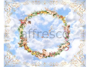 Фреска Сюжеты для потолков, ангелочки в кругу цветов | арт. 9169 - фото (1)