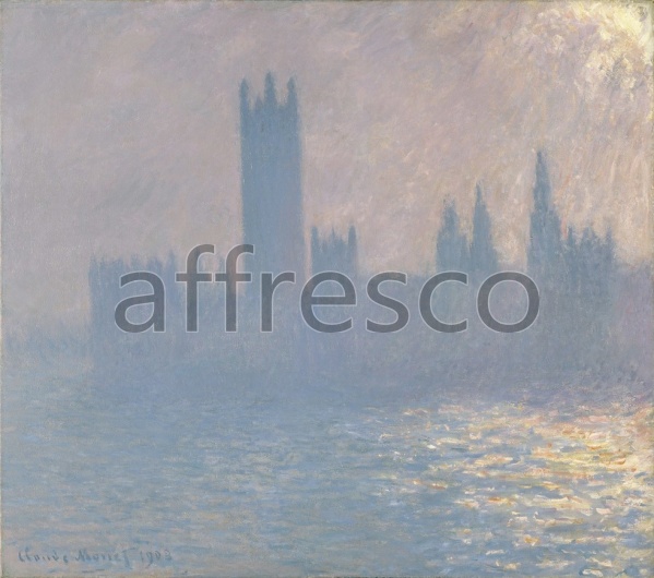 Картина: Клод Моне, Здание парламента, эффект солнечного света в тумане - фото (1)