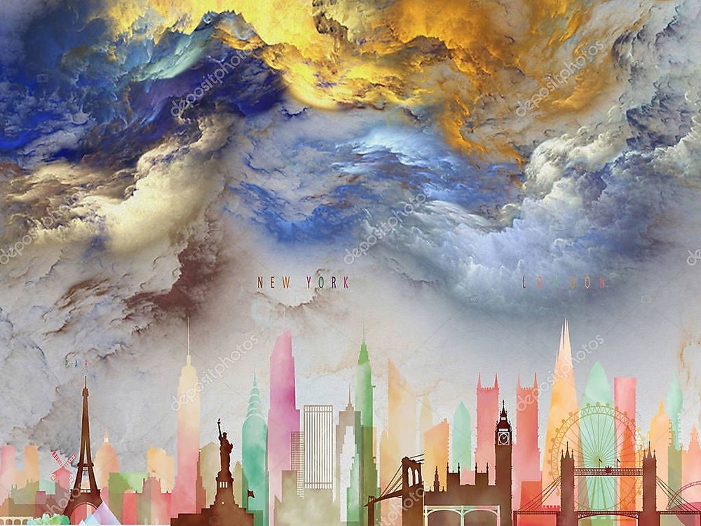 Фотообои «Цветные контуры города и фантастические облака» - фото (1)
