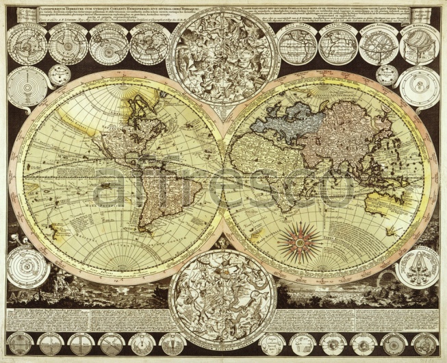 Фреска Старинная карта с континентами, арт. 0023 - фото (1)